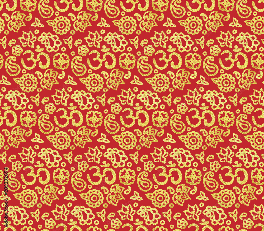Red and gold seamless pattern with OM Red and gold seamless pattern with OM
