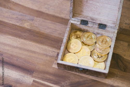Photos Golden Bitcoins Wooden Treasure Chest