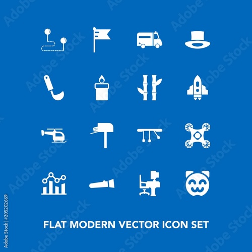 Modern, simple vector icon set on blue background with message, hat, box, mail, health, lamp, post, office, pendulum, ambulance, nation, animal, map, graph, medical, business, camera, travel icons