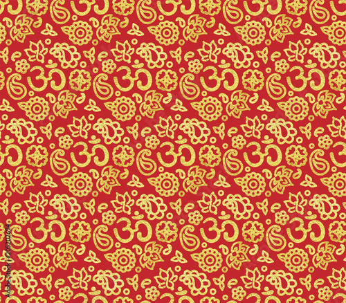 Red and gold seamless pattern with OM