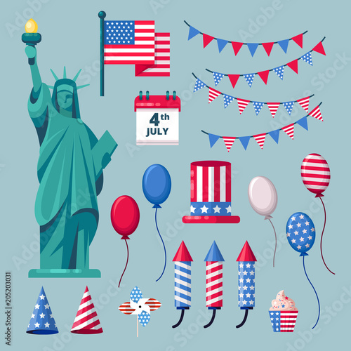 USA holiday icons and design elements for 4 of July Independence Day celebration. Vector illustration