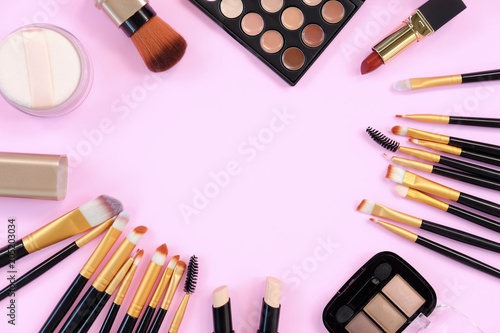 Professional makeup products with cosmetic beauty products, brushes and tools, make-up products set.