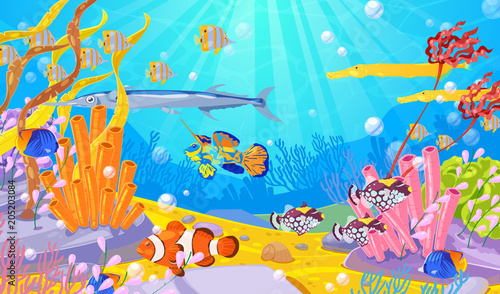 Underwater marine life, vector cartoon illustration. Ocean or sea bottom with colorful fishes, coral reefs and seaweeds.
