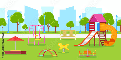 Kindergarten or kids playground in city park. Vector urban life, leisure and outdoor activities illustration.