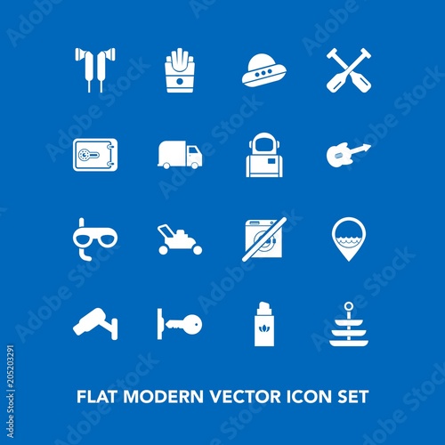 Modern, simple vector icon set on blue background with boat, spacecraft, dont, spaceship, audio, gardening, house, scuba, music, fashion, security, french, beauty, sport, paddle, door, wash, key icons