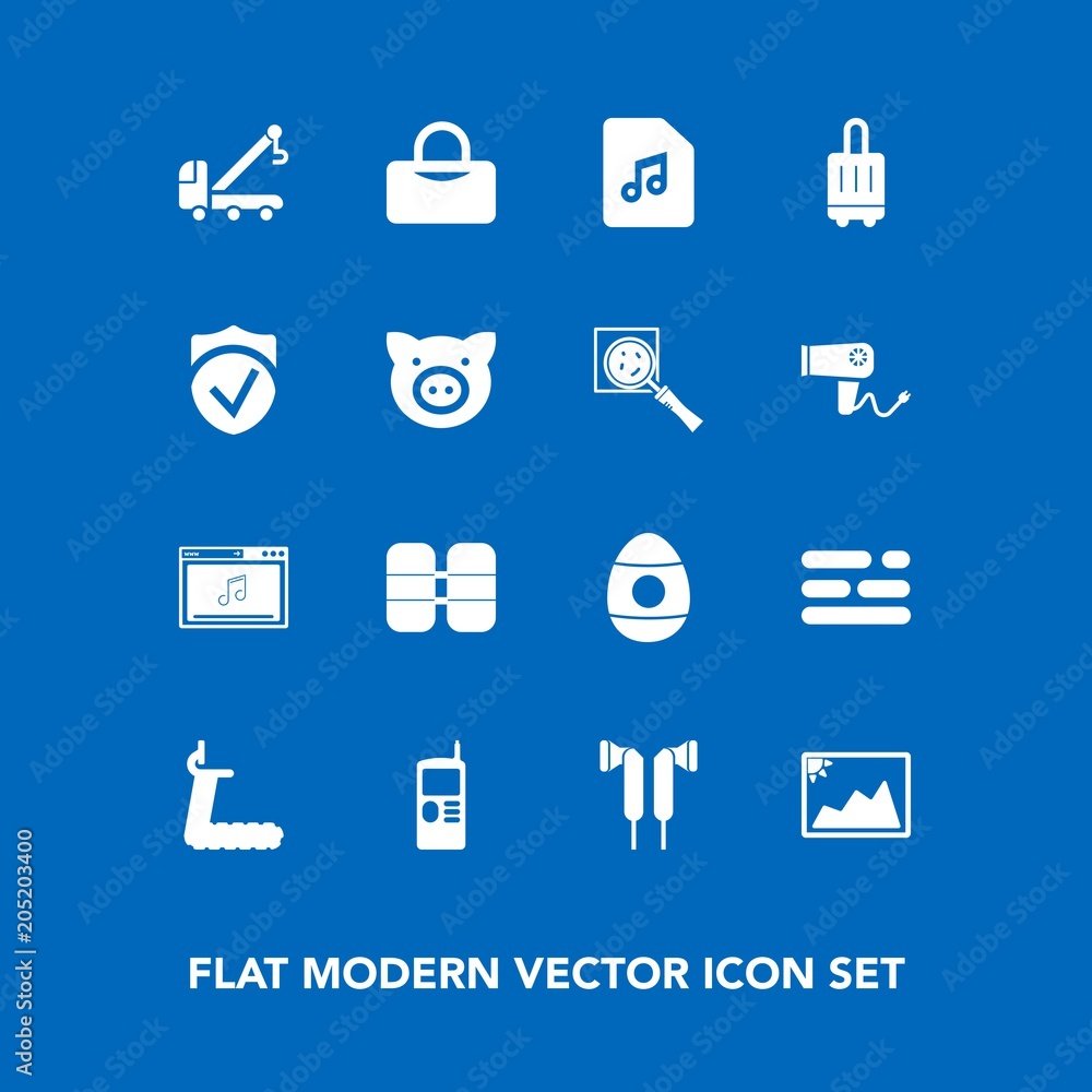 Modern, simple vector icon set on blue background with tow, sport, cylinder, truck, check, swine, layout, business, template, accident, mobile, gym, picture, car, treadmill, online, vintage, bag icons Modern, simple vector icon set on blue background with tow, sport, cylinder, truck, check, swine, layout, business, template, accident, mobile, gym, picture, car, treadmill, online, vintage, bag icons