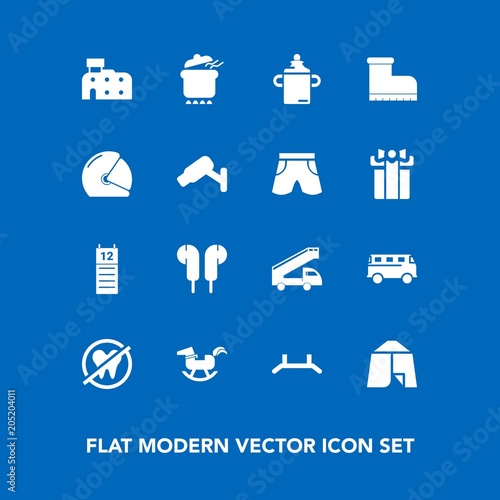 Modern, simple vector icon set on blue background with audio, bottle, camp, leather, white, transportation, healthy, nutrition, milk, outdoor, horse, footwear, fashion, baby, food, helmet, road icons