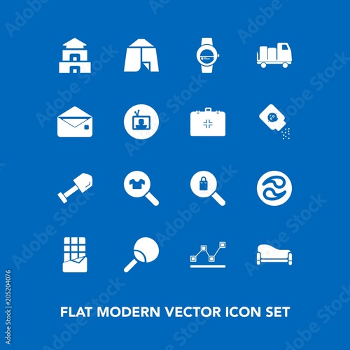 Modern, simple vector icon set on blue background with graph, dessert, leisure, clothes, food, clothing, time, couch, equipment, tent, data, woman, pagoda, tool, outdoor, stats, travel, shovel icons photo