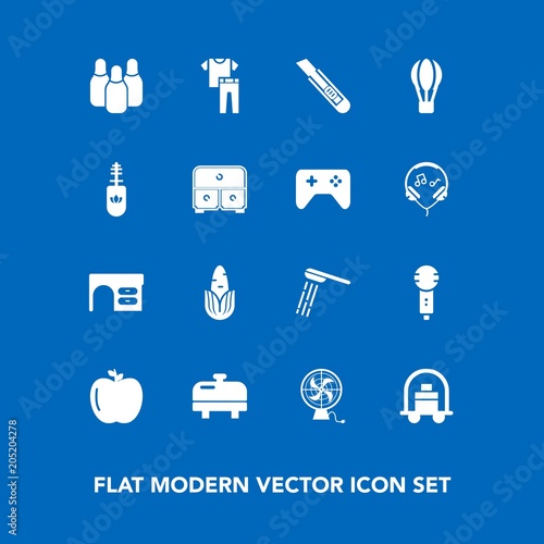 Modern, simple vector icon set on blue background with cutter, apple, balloon, luggage, office, sport, parachute, home, bathroom, microphone, bellboy, water, bath, hygiene, healthy, clothes, air icons