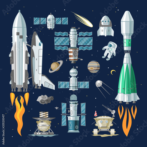 Fototapeta Naklejka Na Ścianę i Meble -  Rocket vector spaceship or spacecraft and satellite or lunar-rover illustration spacy set of spaced ship in universe space with planets isolated on background