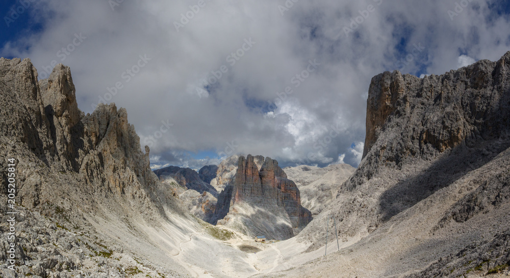 View of the Vajolet Towers in the Dolomite Mountains, with trails that lead to the Alberto hut