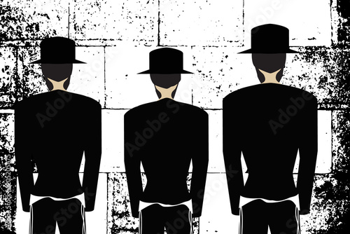 Western Wall, Jerusalem. The Wailing Wall. Religious Jewish Hasidim in hats and talit pray. Black and white vector illustration photo