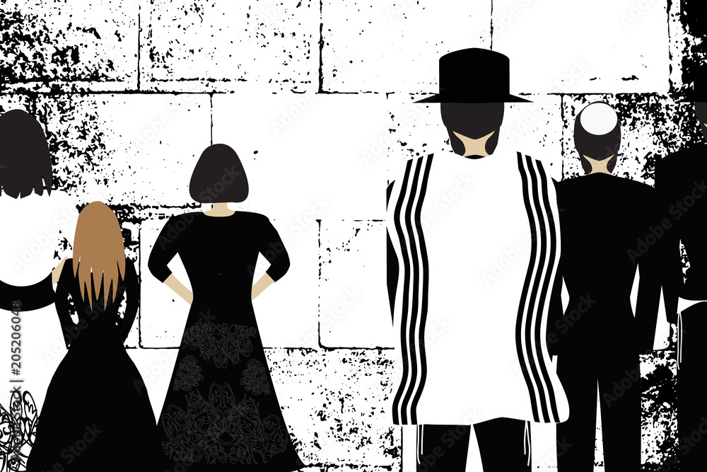 Western Wall, Jerusalem. The Wailing Wall. Religious Jewish Hasidim in hats and talith and women