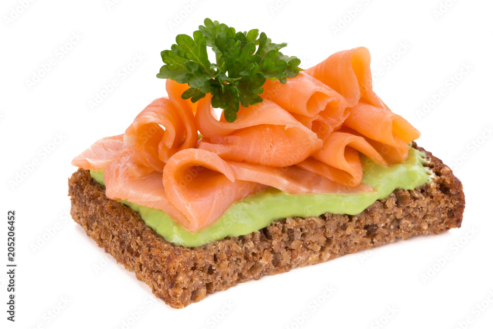 Bread with fresh salmon fillet isolated on white background, top view. Bread with fresh salmon fillet isolated on white background, top view.