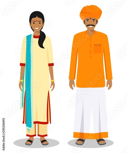 Set of standing together indian man and woman in the traditional clothing isolated on white background in flat style. Differences people in the east dress. Vector illustration.