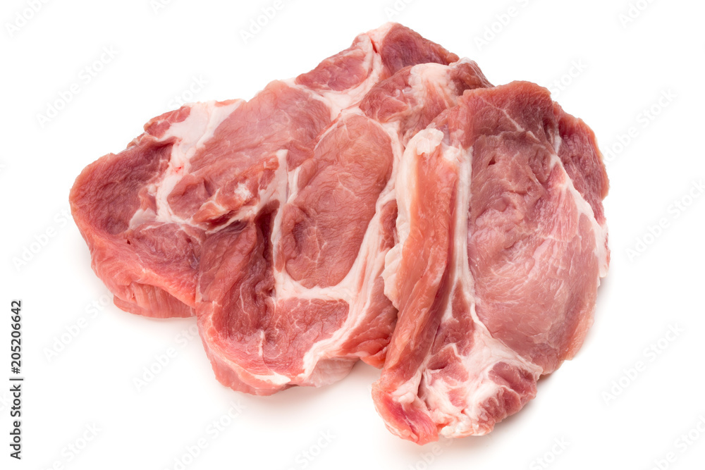 Meat pork slices isolated on the white background. Meat pork slices isolated on the white background.