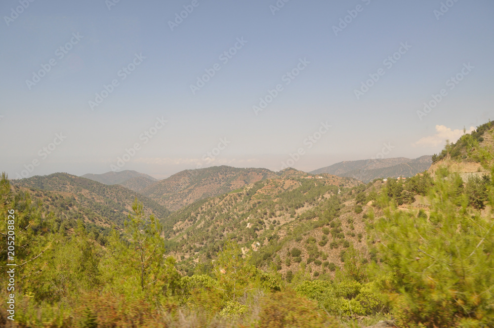 view of the mountains and trees under the sun