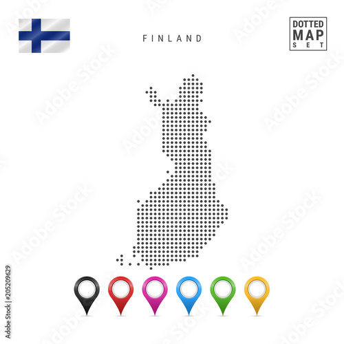 Vector Dotted Map of Finland. Simple Silhouette of Finland. National Flag of Finland. Set of Multicolored Map Markers