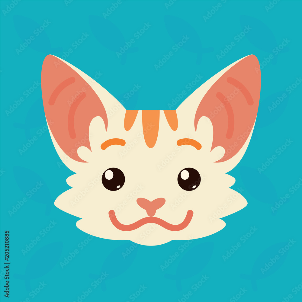 Fototapeta premium Cat emotional head. Vector illustration of cute kitty shows positive emotion. Smile emoji. Smiley icon. Print, chat, communication. White cat with red stripes in flat cartoon style on blue background.