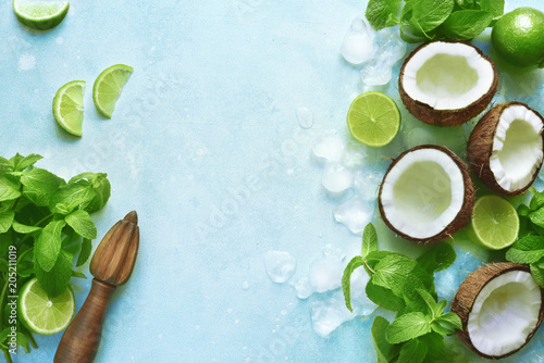 Food background with ingredients for making summer cocktail (coconut mojito, martini or margarita).Top view with copy space.