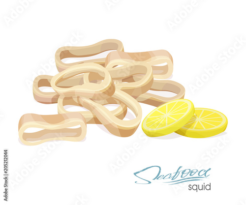 Illustration of a dish of squid with lemon. Squid rings cooked. Vector illustration