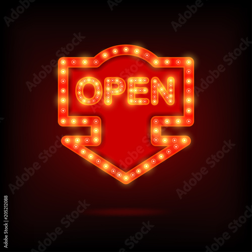 Shining retro sign open billboard . Vector illustration.