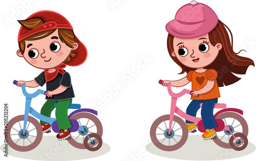 Vector illustration of two kids riding a bike. 