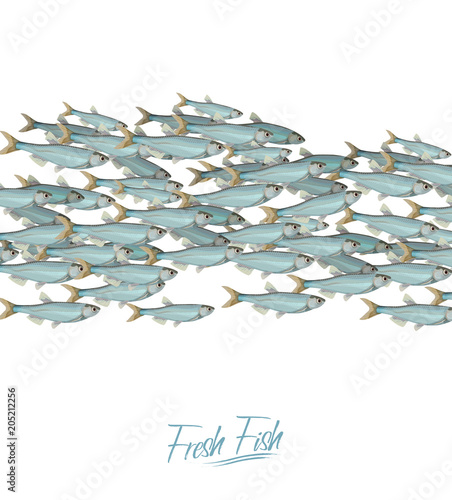 School of fish vector illustration for header, web, print, card and invitation. Plenty of herring or cod moving in the sea.