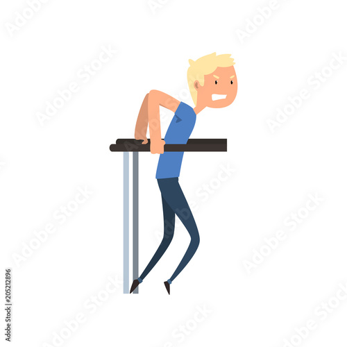 Disabled man exercising on uneven bar, medical rehabilitation, remedial gymnastics vector Illustration on a white background.