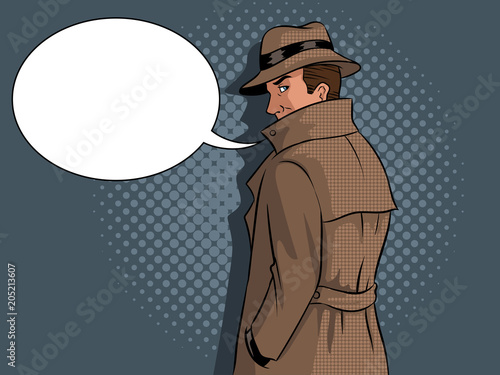 Spy in raincoat and hat pop art vector