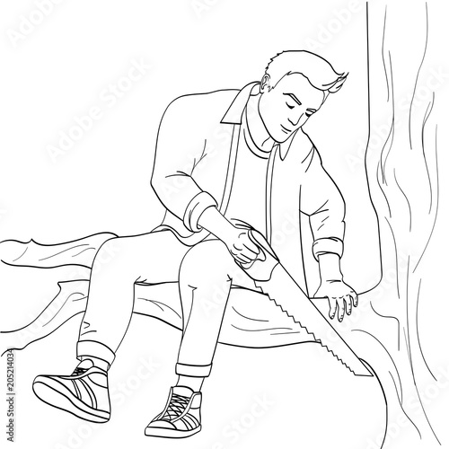 Man sawing tree branch on which sits object on white background vector illustration. Make yourself worse metaphor.