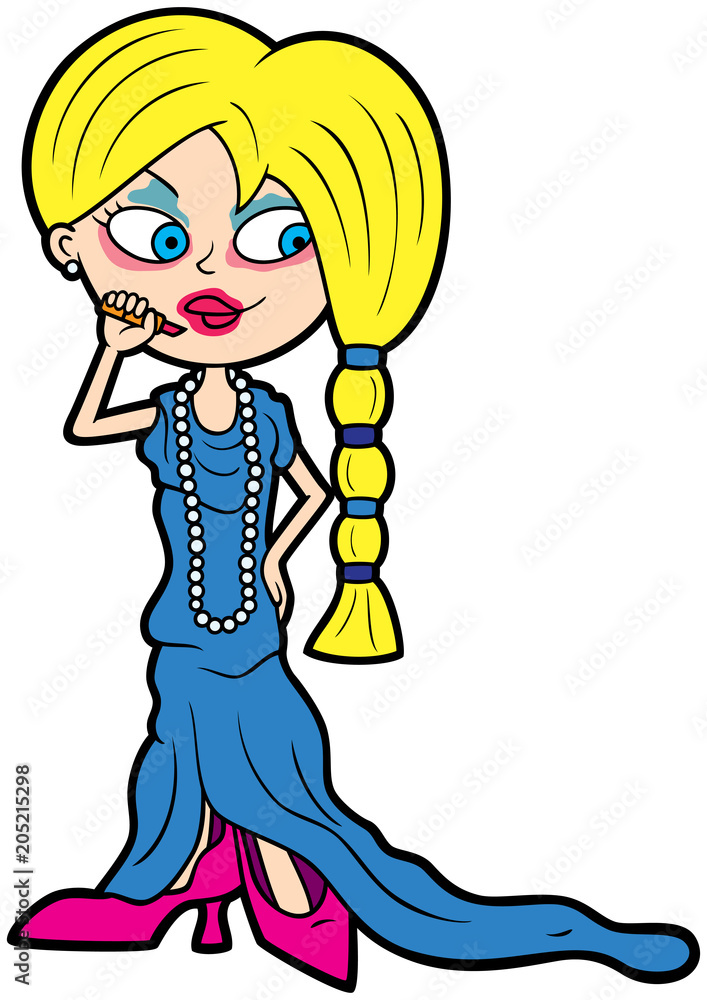 Little girl applying a lipstick in mothers big clothes and shoes/ Illustration a fashionable child girl pretending to be adult lady Little girl applying a lipstick in mothers big clothes and shoes/ Illustration a fashionable child girl pretending to be adult lady