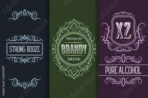 Beverage packaging design. Set of alcohol drink bottles labels.