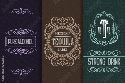 Beverage packaging design. Set of alcohol drink bottles labels.