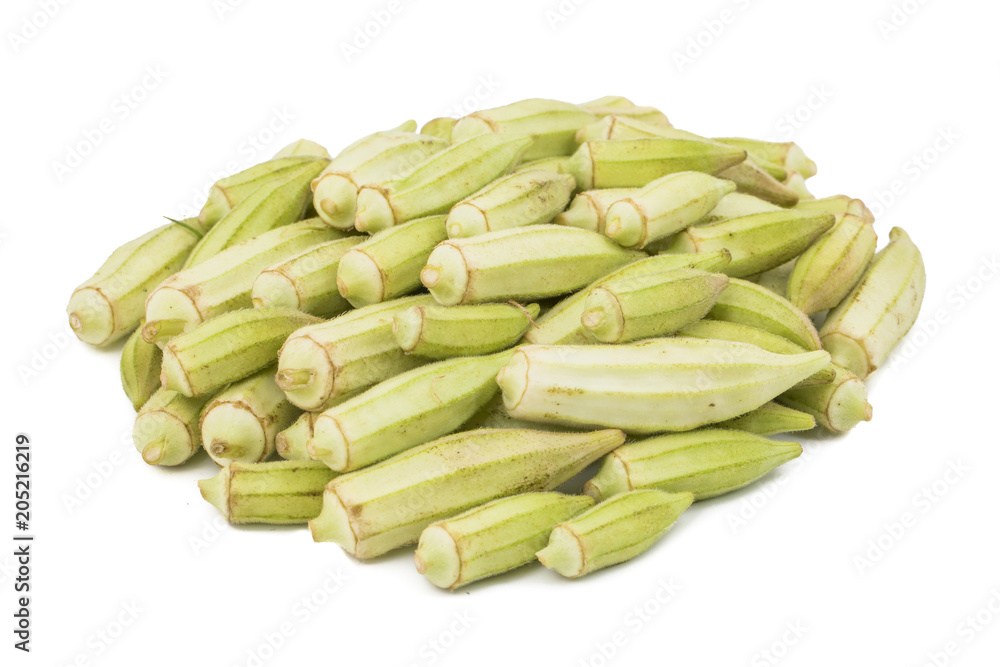 Heap of Green okra Vegetable or Lady Finger, Bhindi isolated on White Background Heap of Green okra Vegetable or Lady Finger, Bhindi isolated on White Background