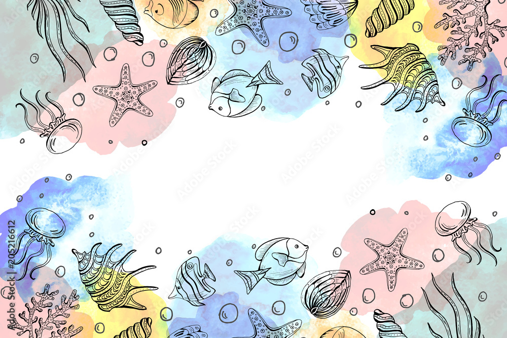 Composition of seashells, starfish, jellyfish. Underwater world Sea background, Background with copy space.