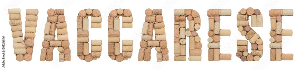 Grape variety Vaccarese made of wine corks Isolated on white background