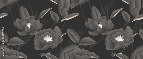 Fototapeta Naklejka Na Ścianę i Meble -  Seamless pattern, hand drawn pastel black Peony flowers with leaves on black background