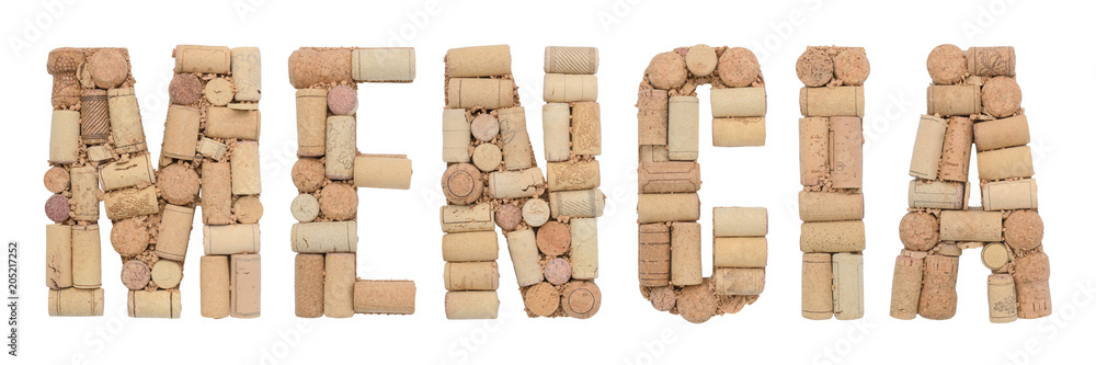 Grape variety Mencia made of wine corks Isolated on white background