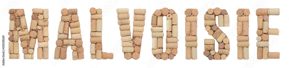 Grape variety Malvoisie made of wine corks Isolated on white background