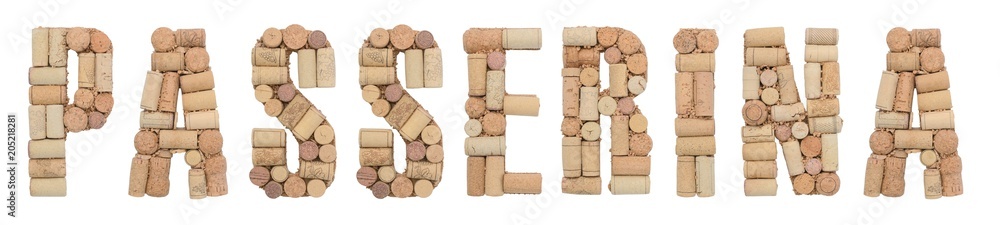 Grape variety Passerina made of wine corks Isolated on white background