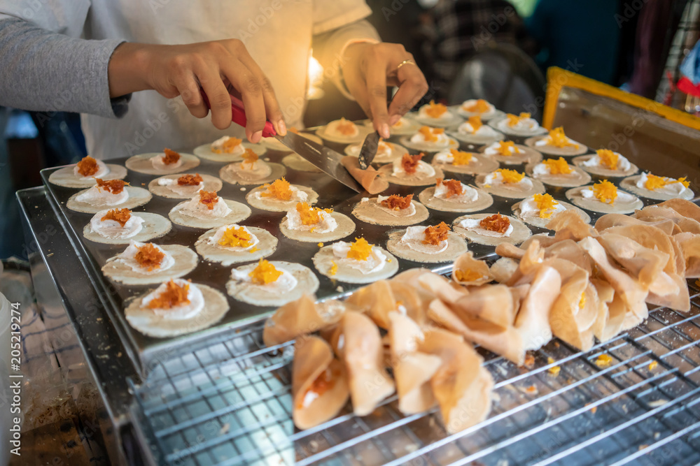Thai Traditional Snack and Dessert. Thai Crispy Crepes Filled with Cream. Thai Traditional Snack and Dessert. Thai Crispy Crepes Filled with Cream.