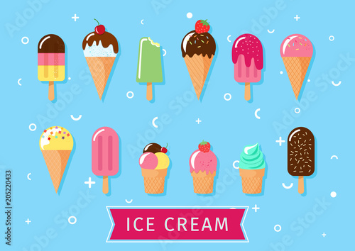 Ice cream cone vector illustration set. Vanilla, chocolate, fruit ice cream and blue background. Ice cream sweet dessert photo