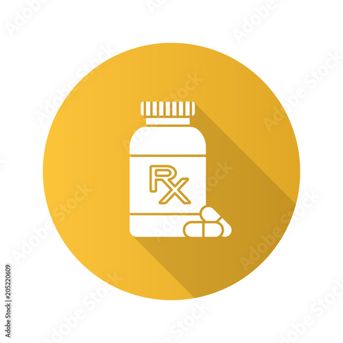 RX pill bottle flat design long shadow glyph icon