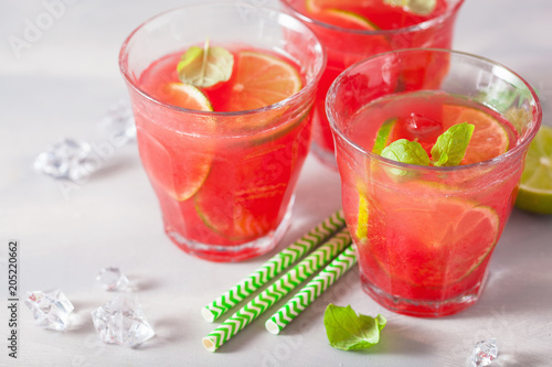 watermelon lemonade with lime and mint, summer refreshing drink