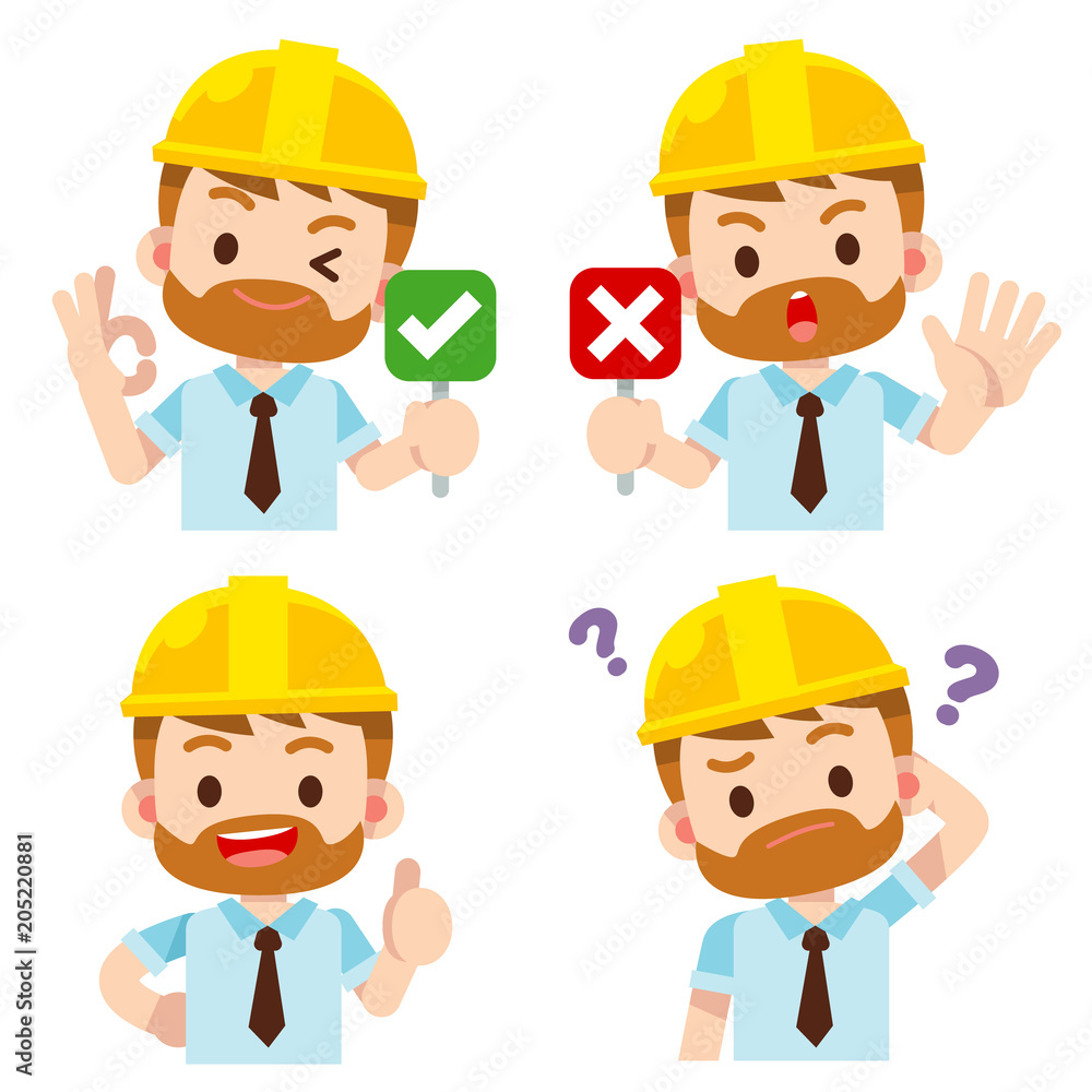 Vector set of male, man engineer character in different action poses isolated on white background Vector set of male, man engineer character in different action poses isolated on white background