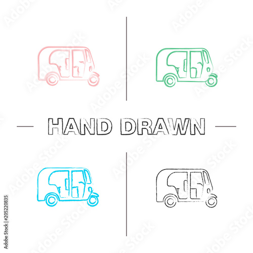 Auto rickshaw hand drawn icons set