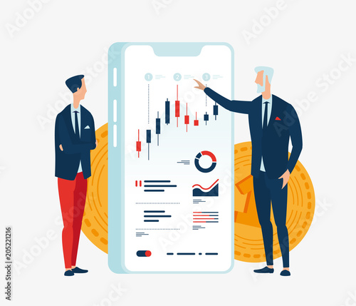 Vector illustration of two businessmen in front of the screen gadget with graphs of financial indicators. To illustrate financial articles, reports, blogs, news for posting on websites and print media