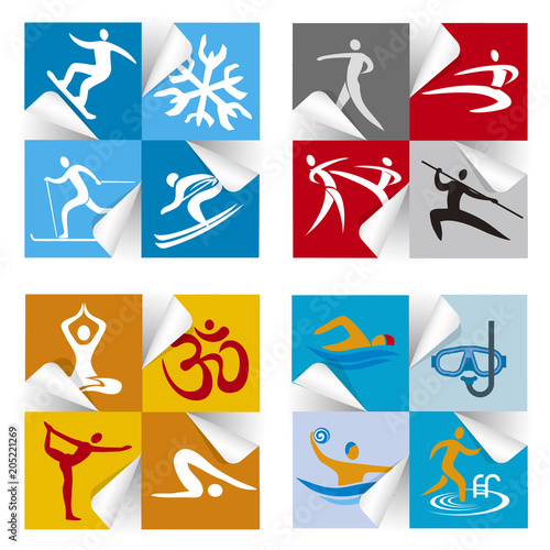 Sport fitness icons stickers. Illustration of colorful stickers with sport and fitness symbols.Vector available. 