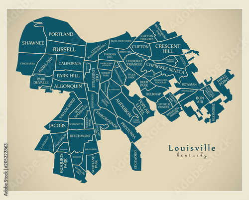 Modern City Map - Louisville Kentucky city of the USA with neighborhoods and titles
